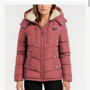 Reebok women’s‎ mauve puffer jacket detachable hood faux fur large